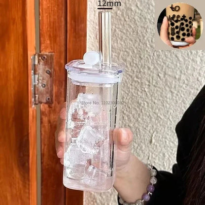 Decorbites™ hitzebeständiger Glasbecher mit Deckel und Trinkhalm für Kaffee, Milch, Tee, Saft