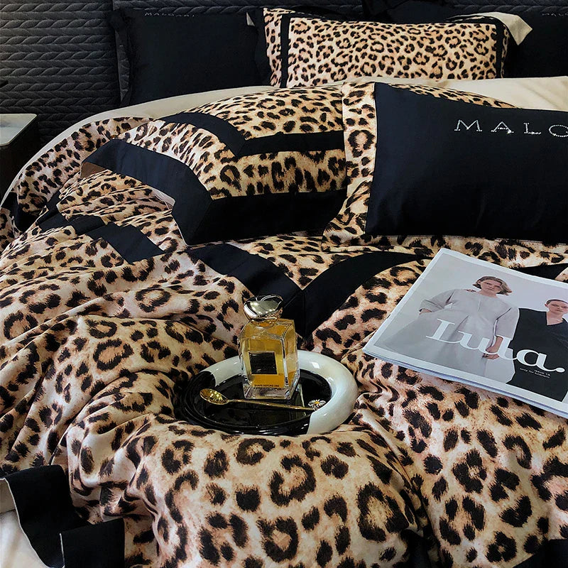 Decorbites™ Leopard-Muster Lyocell-Baumwoll-Bettwäsche-Set, Luxus-Daunenbezug, Laken & Kissenbezüge