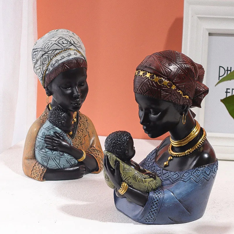 Decorbites™ Afrikanische Exotische Schwarze Mutter- und Kind-Harzstatuen Retro-Figuren für die Heimdekoration