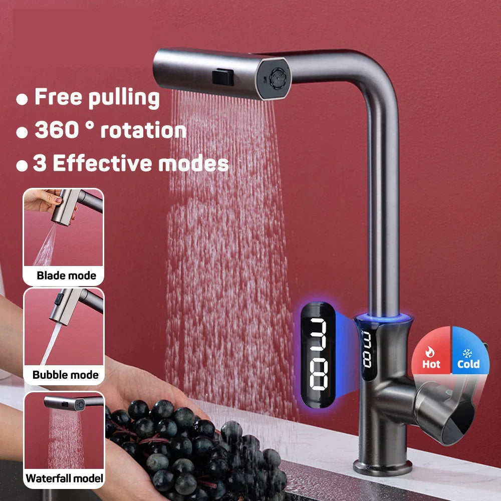 Decorbites™ Digital-Display-Wasserfall-Küchenspüle-Armatur mit herausziehbarem Sprühdüse