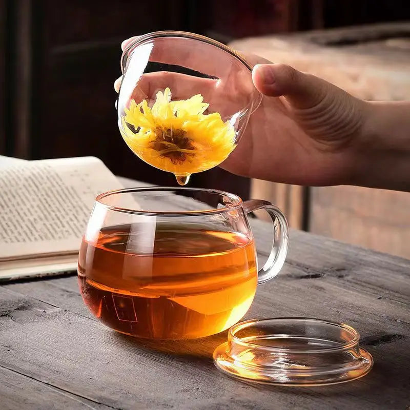 Decorbites™ Glas-Teetasse mit Infuser und Deckel - 350 ml Trinkgefäß für Zuhause und Büro