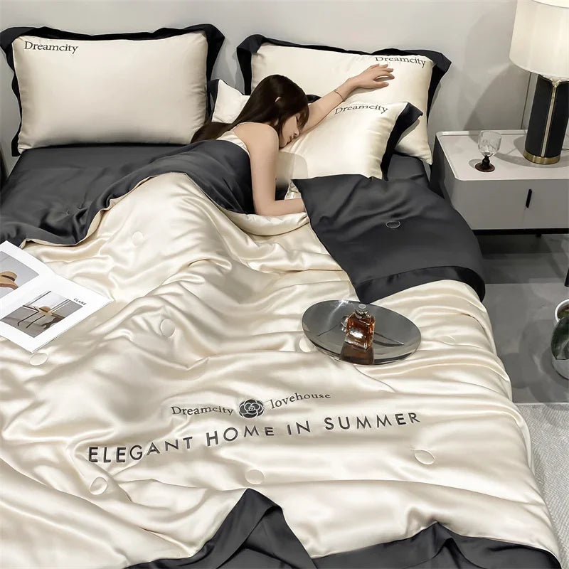 DecorBites™ Ice Silk Embroidered Quilt Set: Luxury European Style, Cooling Comforter