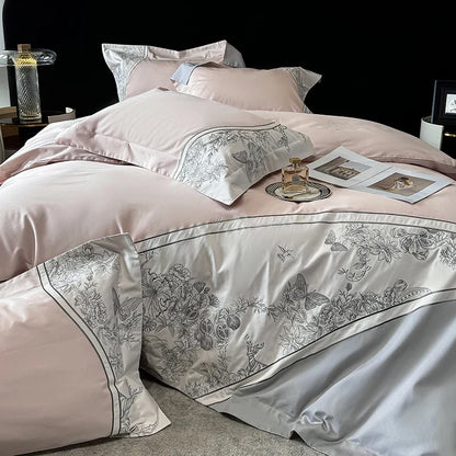 Decorbites™ Luxus-Schmetterlingsblumen-Stickerei-Bettwäsche-Set mit Steppdecke Bezug Laken Kissenbezügen 4Stk