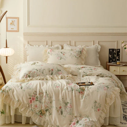 DecorBites™ French Country Flowers Print Bedding Set with Lace Ruffles
