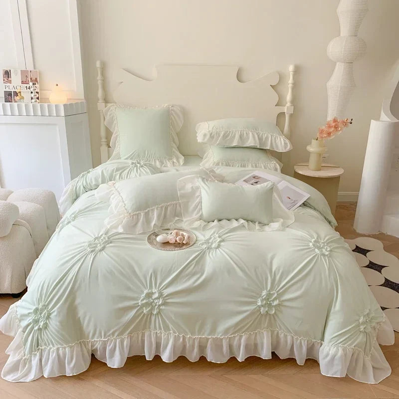 Decorbites™ Spitzen-Prinzessin-Bettwäsche-Set: Romantische Rüschen & Schleifen-Duvetbezug, Laken, Kissenbezüge