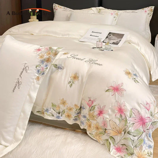 Decorbites™ Blumen-Stickerei Seidenbettwäsche-Set mit Steppdeckenbezug und Spannbettlaken