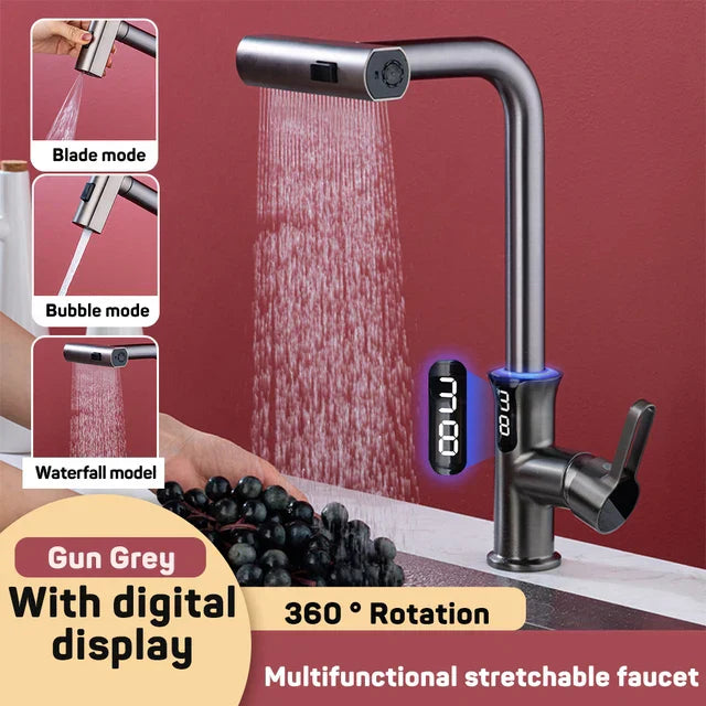 Decorbites™ Digital-Display-Wasserfall-Küchenspüle-Armatur mit herausziehbarem Sprühdüse