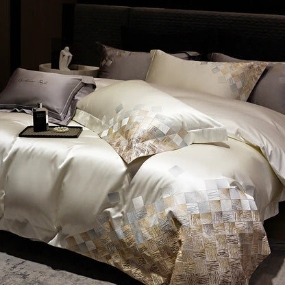 Decorbites™ 4-teiliges Luxus-Stickerei-Bettwäsche-Set in Perlmuttweiß/Grau Satin-Brokat-Baumwolle