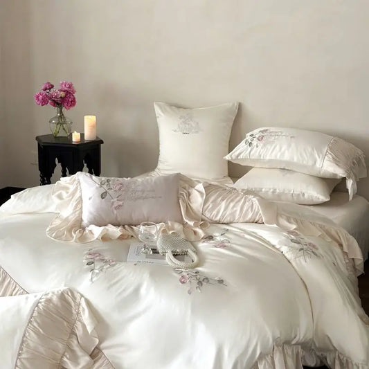 Decorbites™ Besticktes Spitzen-Prinzessinnen-Bettwäsche-Set - 4-teiliges Baumwollblumen-Kollektion