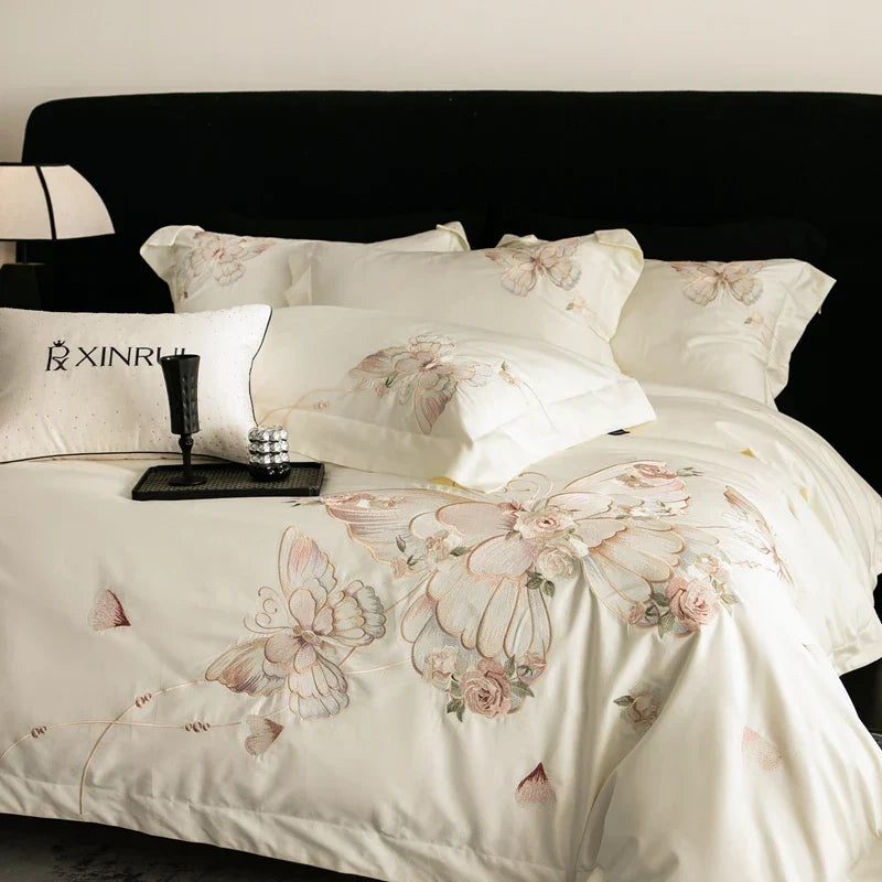 Decorbites™ Luxus-Schmetterlingsblumen-Stickerei-Bettwäsche-Set 800TC Ägyptische Baumwolle Daunenbezüge Laken Kissenbezüge