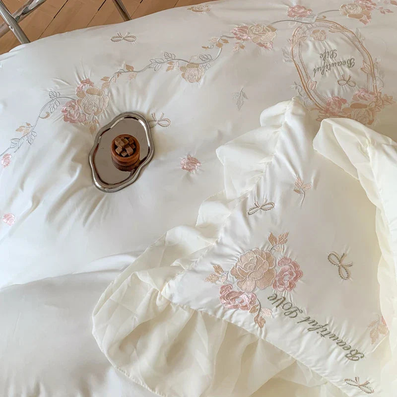 DecorBites™ 4Pcs Flowers Embroidery Princess Queen Bedding Set with Lace Ruffles