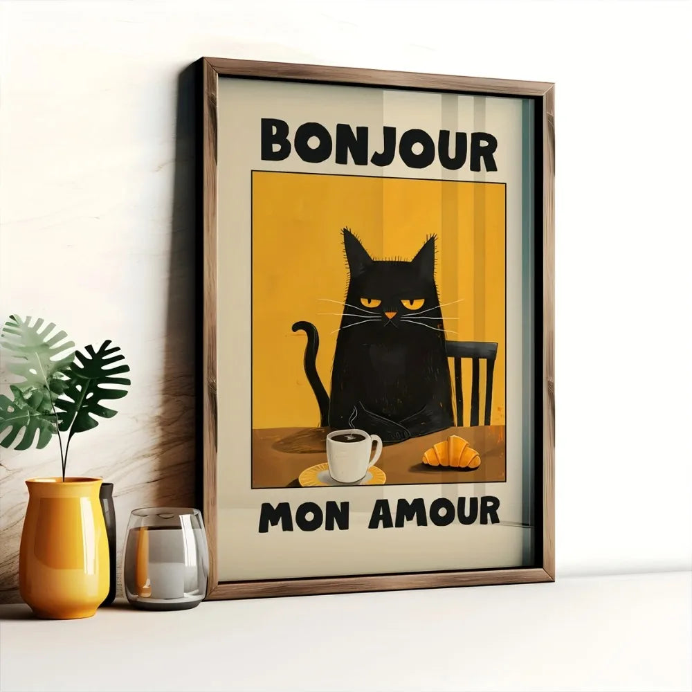 1pc Frameless Black Cat Breakfast Art Poster Retro Style Bonjour Canvas Painting for Dining Room or Bedroom Wall  Art Decoration