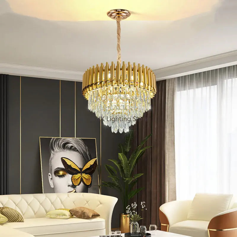 Gold Crystal Suspension Lamp Oval Dia100cm