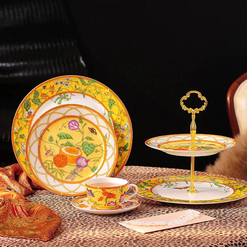 Decorbites™ Elegantes Schmetterlings-Set für Küchenutensilien: Kaffeetasse, Untertasse, Kaffeekanne, Sahnekännchen, Zuckerdose, Teller, Tortenteller