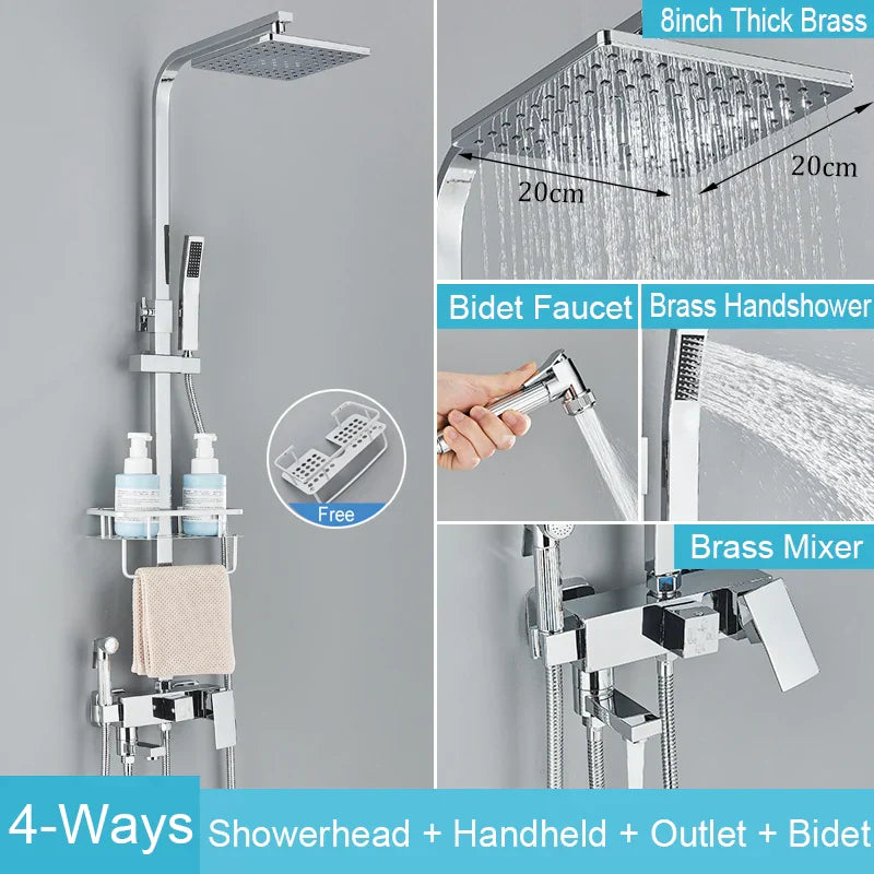 Decorbites™ Schwarzes Messing-Duscharmatur-Set Regendusche Badewannenarmatur mit Badezimmerregal