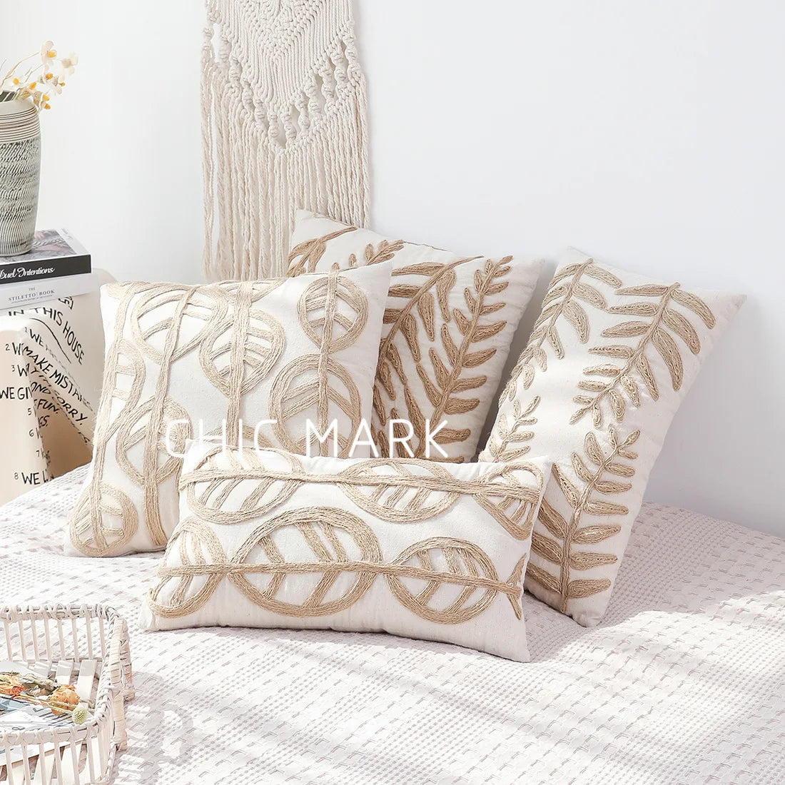 Embroidered Leaves Pillow Cover