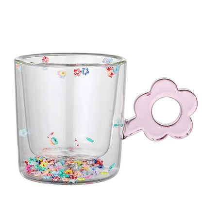 DecorBites™ 250ml doppelwandige Glastasse mit Glitzerblumen und Blumengriff