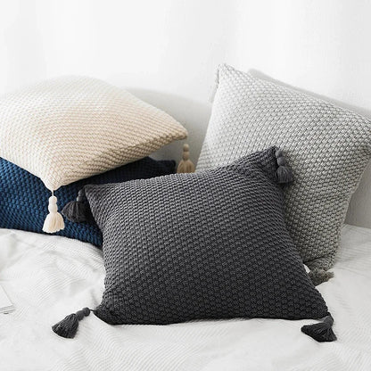DecorBites™ Knitted Grey Ivory Geometric Pillow Cover with Tassels, 45cm x 45cm