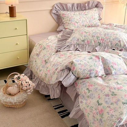 Decorbites™ Französisches Blumen-Motiv Baumwoll-Bettwäsche-Set mit großen Spitzenvolants, Frische Blumen