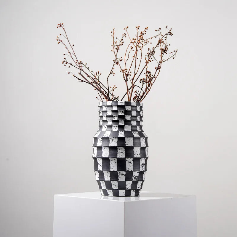 Decorbites™ Schwarzes Karo Geometrisches Gestreiftes Keramikvasen - Handgefertigter Blumenarrangement-Topf