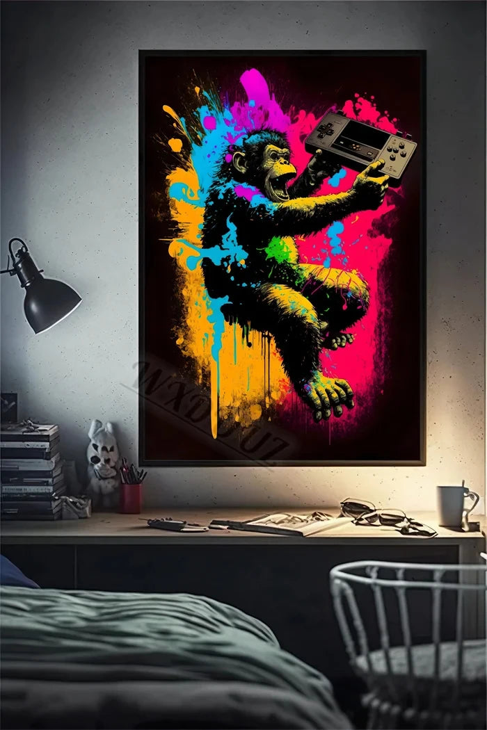 80s Retro Funny Monkey Player Gamepad Picture For Gaming Room Living Canvas Painting Print Wall Art Home Decor Aesthetics Poster