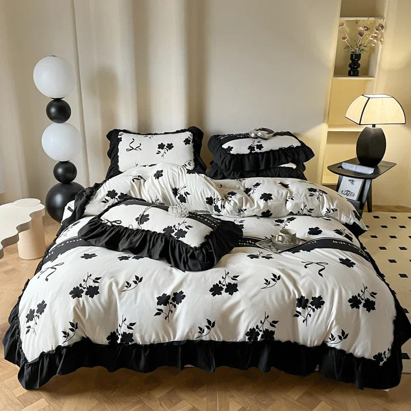 Decorbites™ Französisches Vintage Schwarz Rüschen Bettbezugsset mit Kissenbezügen, Nordisches Luxus Blumen Pflanzen Bettwäsche-Set