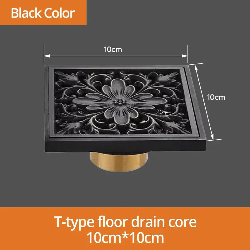 Decorbites™ Schwarze Messing Duschraster Ablauf Abdeckung Boden Quadratisch Kunstvoll Geschnitztes Gitter Becken SY-073R