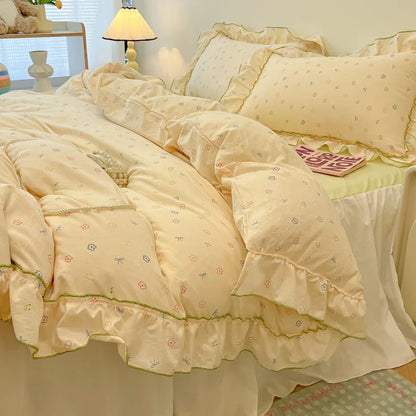 Decorbites™ Koreanische Prinzessin Blumenmuster-Bettwäsche-Set aus gewaschener Baumwolle für Mädchen