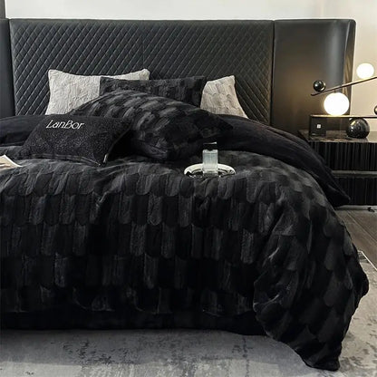 Decorbites™ Kuscheliges Kunstkaninchenfell-Bettwäsche-Set in Schwarz & Grau: Daunendecke, Laken, Kissenbezüge