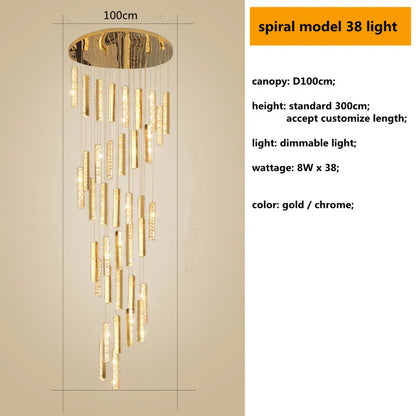 Decorbites™ Gold Chrom Stahl Kristall Anhängerleuchten mit dimmbarer LED für Villen-Treppe