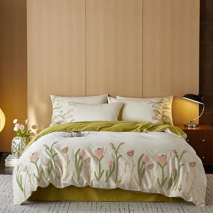 DecorBites™ 4-Piece Egyptian Cotton Tulip Towel Embroidery Bedding Set