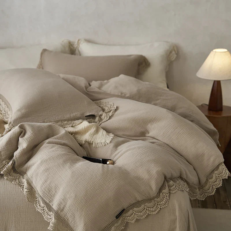 Decorbites™ Baumwoll-Bettwäsche-Set mit Spitzenkante für empfindliche Haut mit Steppdecke, Laken und Kissenbezügen