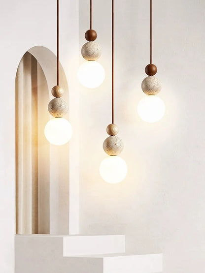 DecorBites™ Cream Style LED Pendant Lamp for Bedroom, Stone Wood Design