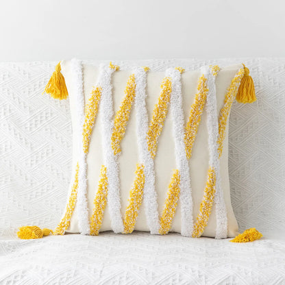 DecorBites™ Geometric Tufted Embroidery Flowers Boho Cushion Cover with Tassel