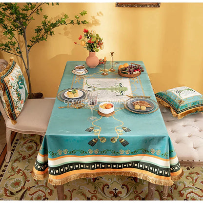 Decorbites™ Doppelschwan & Blumenmuster Samt-Tischdecke mit Quasten
