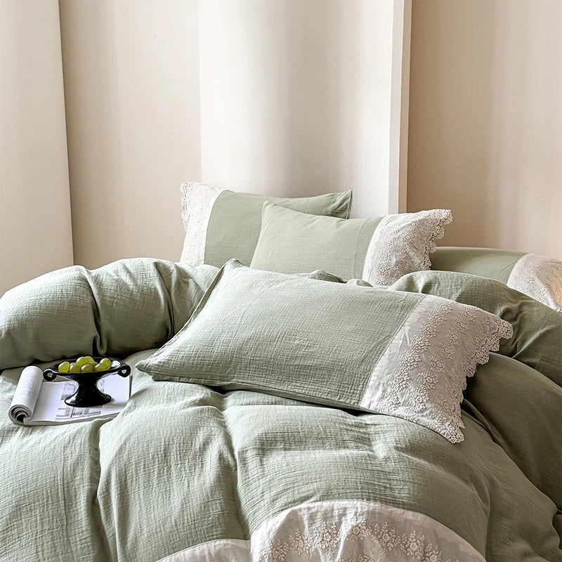 DecorBites™ French Lace Cotton Bedding Set: Duvet, Sheet, Pillowcases, 4Pc