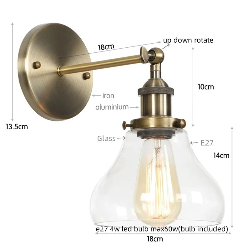 Decorbites™ Industrielle Vintage-Silber-Glas-Wandleuchte für Schlafzimmer Küche Balkon Nachttisch
