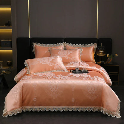 Decorbites™ Golden Jacquard-Baumwoll-Spitzen-Bettwäsche-Set – Seidig weiche Daunendecke, Spannbettlaken, Kissenbezug