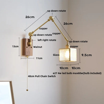 DecorBites™ LED Walnut Wood Cube Glass Wall Light with Pull Chain Switch