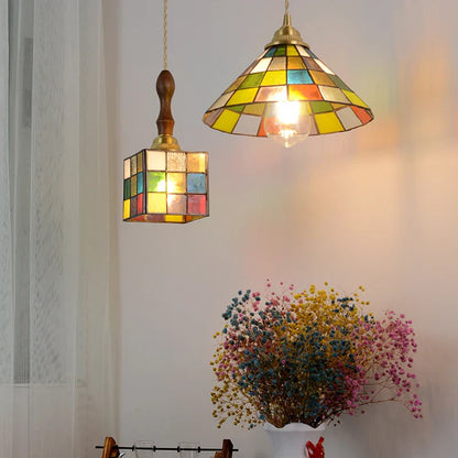 Decorbites™ Bunte Glas-Magisches-Würfel-LED-Hängeleuchte Tiffany-Stil Holz-Hänge-Lampe