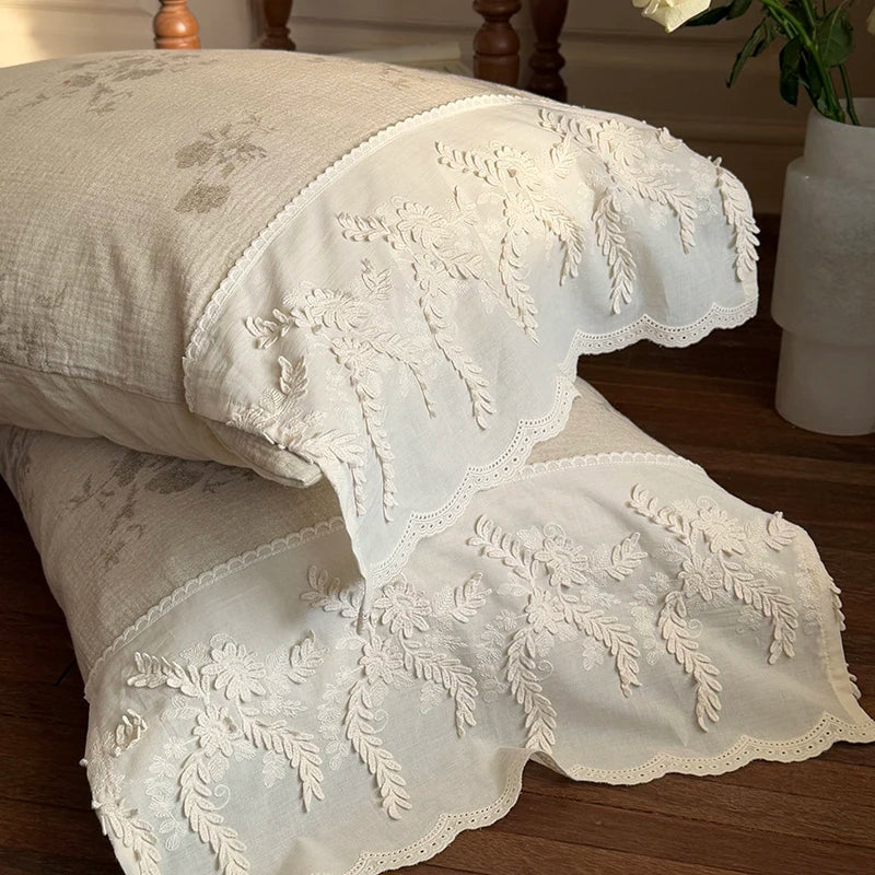 Decorbites™ Französische Spitzenblumen-Bettwäsche-Set, 100% Baumwolle, doppellagig, weiche Daunendecke, Bettlaken, Kissenbezüge