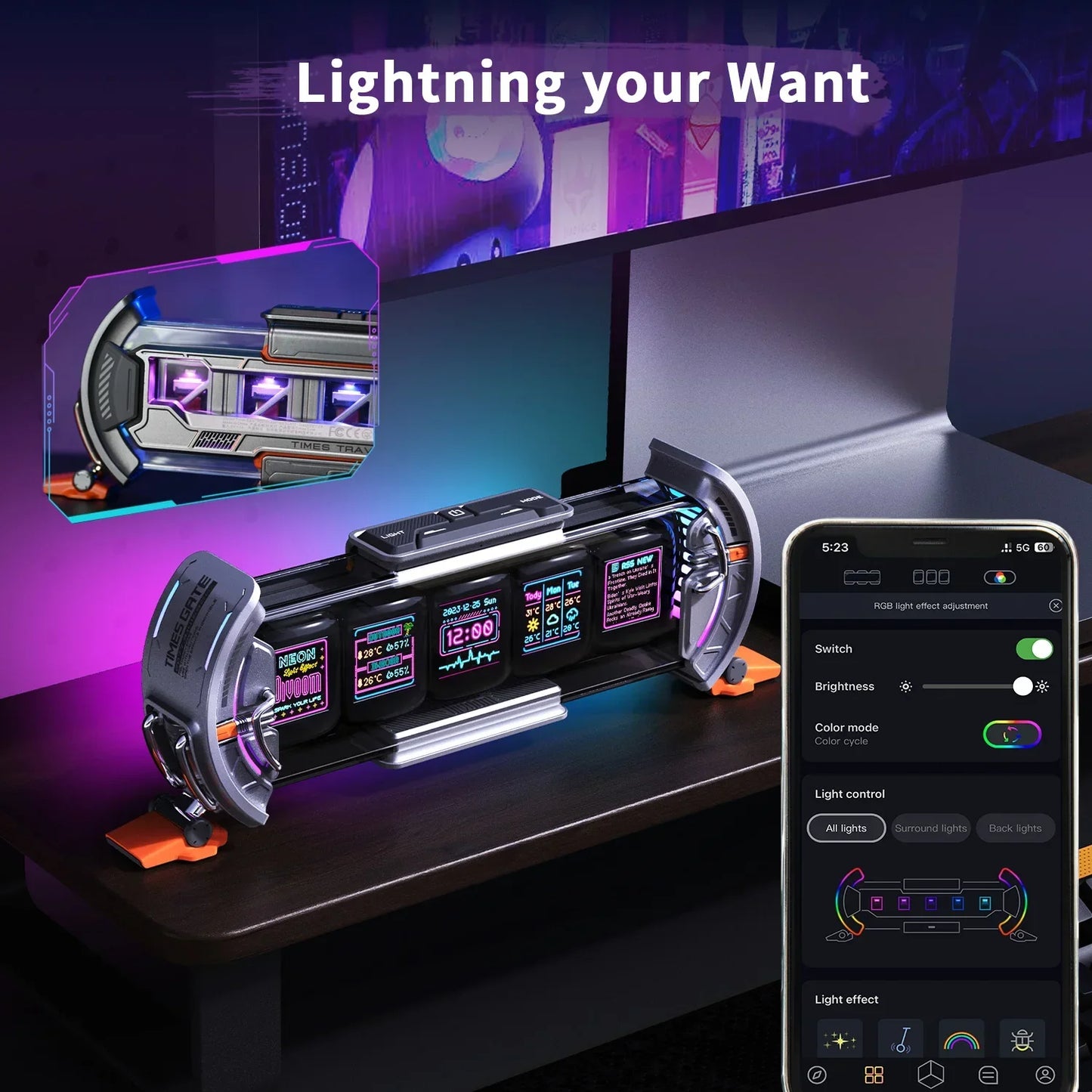 DecorBites™ Cyberpunk Pixel Art Clock with Smart WiFi Control and RGB LED Display