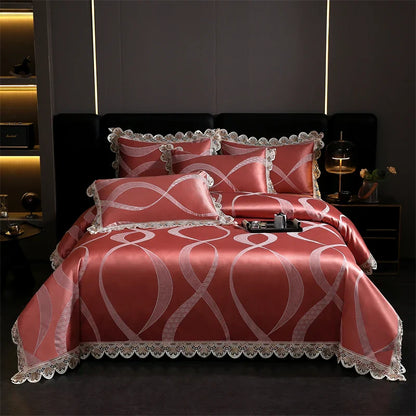 Decorbites™ Golden Jacquard-Baumwoll-Spitzen-Bettwäsche-Set – Seidig weiche Daunendecke, Spannbettlaken, Kissenbezug