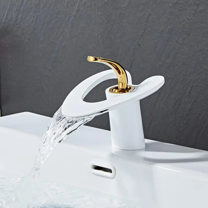 Decorbites™ Golden/Weißes Beckenarmatur: Schwarzes Messing-Wasserfall-Waschbeckenmischer, Heiß & Kalt.