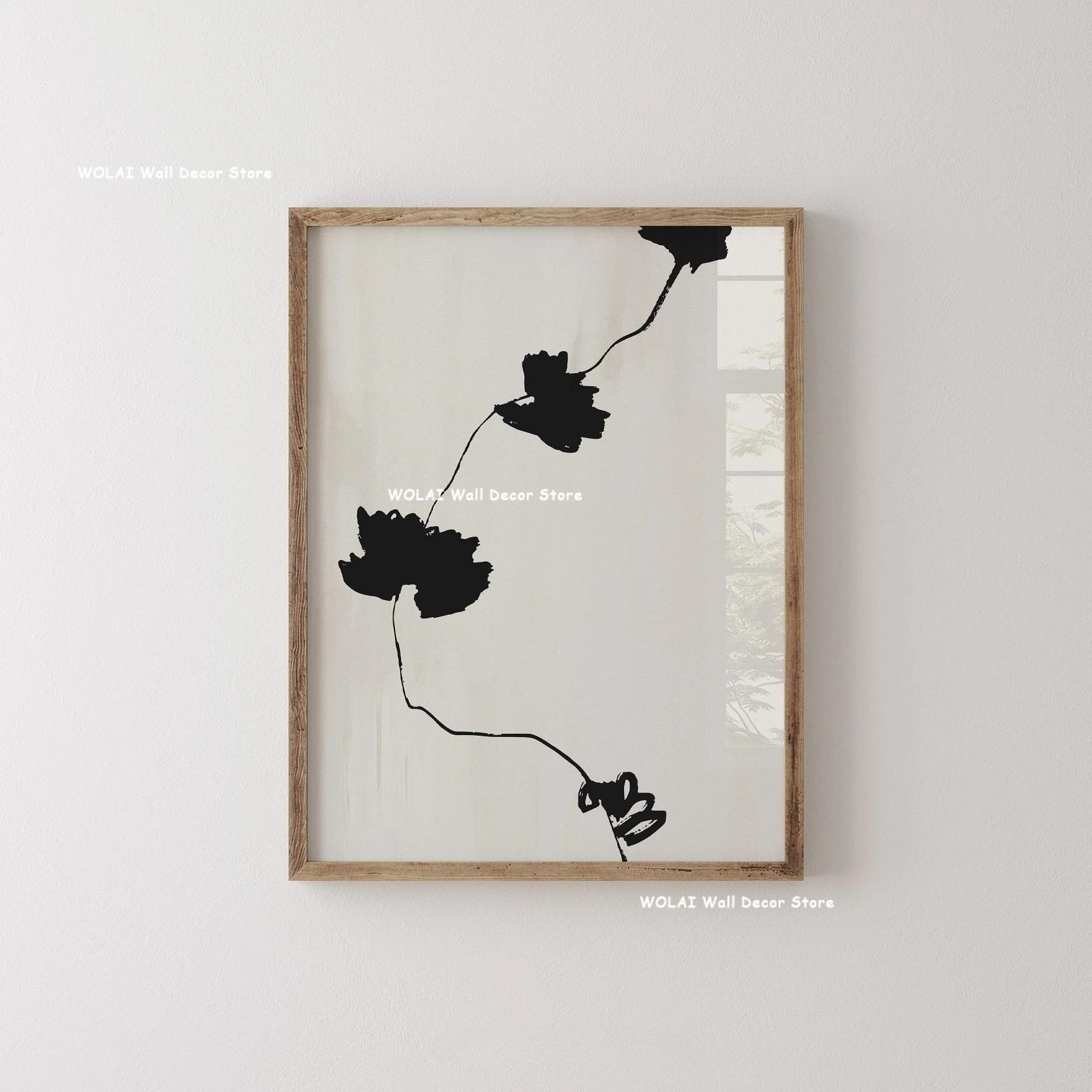 Abstract Moody Plant Art Canvas Print Mid-century Modern Beige Black Floral Line Wall Art Posters for Living Room Home Decor