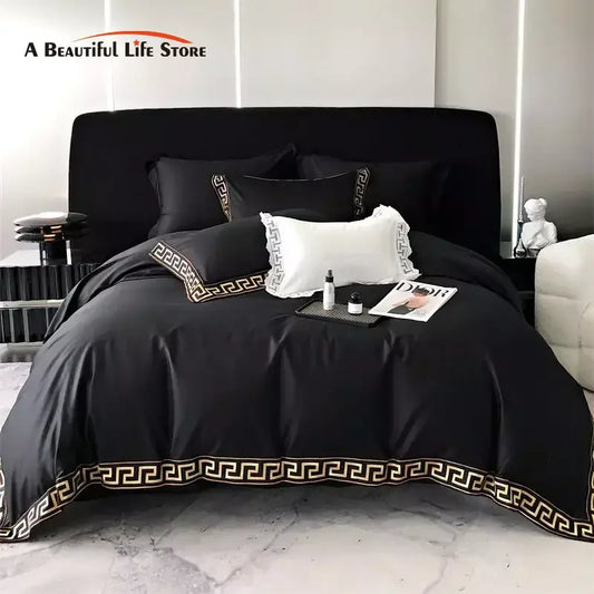 Decorbites™ Gold-Stickerei-Daunenbettwäsche-Set, Schwarze Ägyptische Baumwolle Bettwäsche, 1000TC, Doppel King Queen