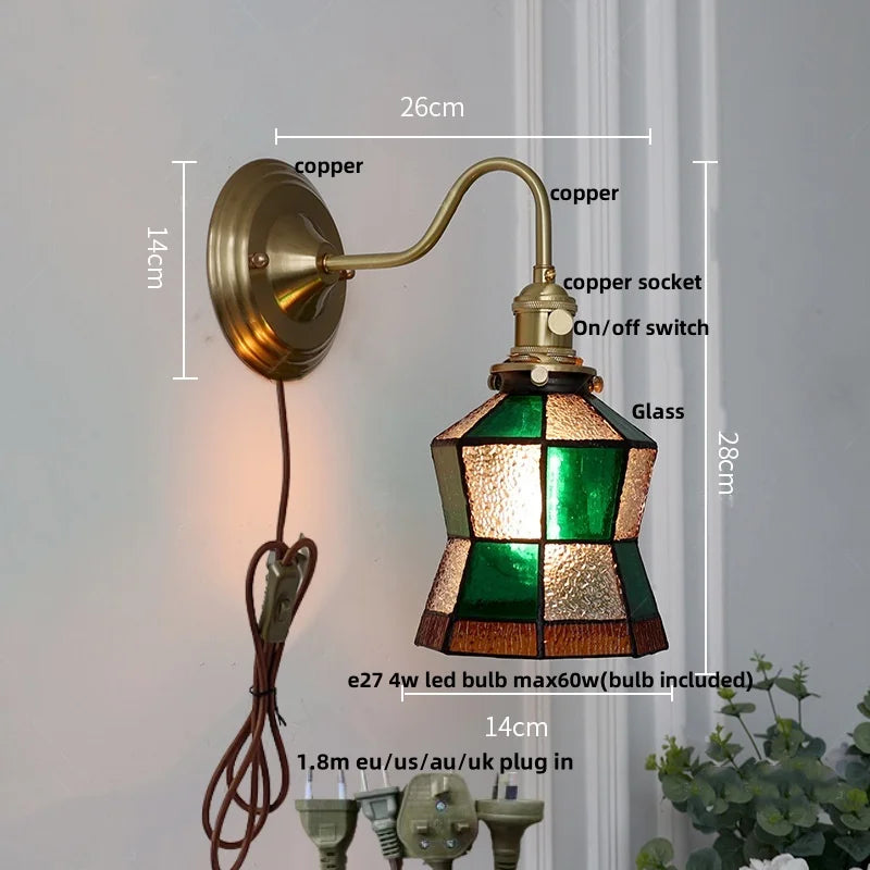 Decorbites™ Grünes Glas LED Wandapplikation mit Kupferknopf-Schalter Vintage-Loft-Treppenlicht