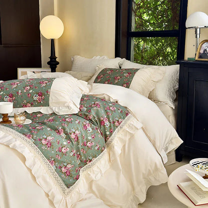 DecorBites™ French Flowers Lace Ruffles Cotton Bedding Set with Duvet Cover, Bed Skirt, and Pillowcases
