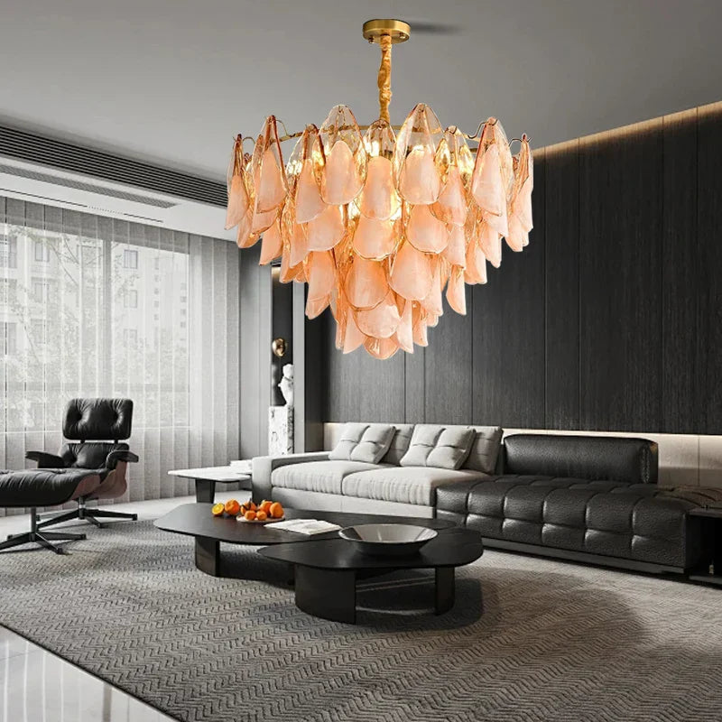 DecorBites™ Gold Chrome Dimmable Amber Glass Petal Chandelier – French Design Luxury Hanglamp