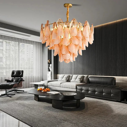 DecorBites™ Gold Chrome Dimmable Amber Glass Petal Chandelier – French Design Luxury Hanglamp